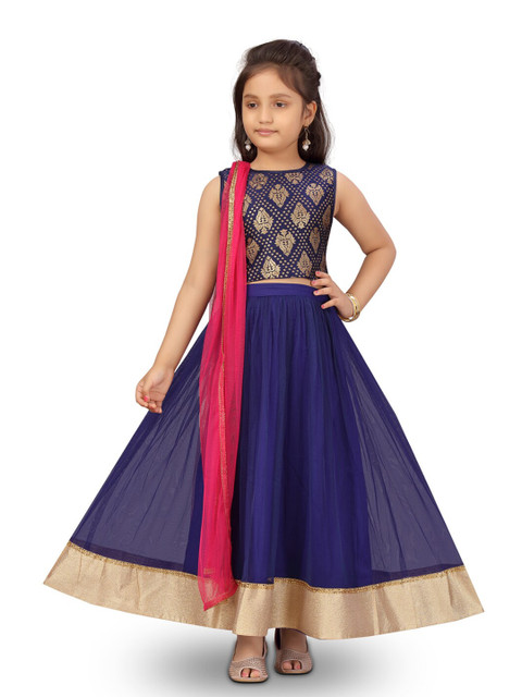 

Aarika Girls Navy Blue & Gold-Toned Printed Foil Print Ready to Wear Lehenga & Blouse With Dupatta