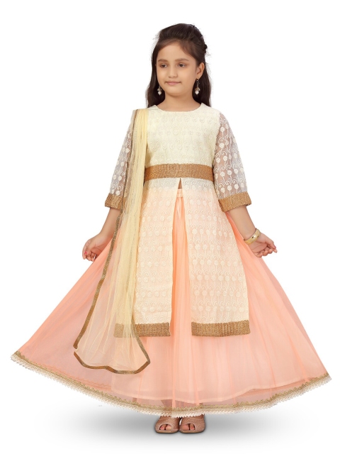 

Aarika Girls White & Pink Embroidered Ready to Wear Lehenga & Blouse With Dupatta