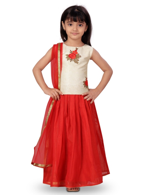 

Aarika Girls Red & White Embroidered Ready to Wear Lehenga & Blouse With Dupatta