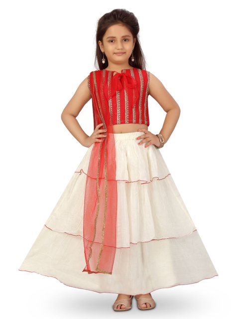 

Aarika Girls Red & White Embellished Ready to Wear Lehenga & Blouse With Dupatta