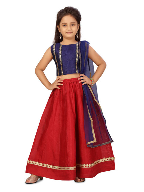 

Aarika Girls Navy Blue & Red Embellished Ready to Wear Lehenga & Blouse With Dupatta