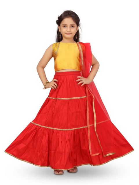 

Aarika Girls Yellow & Red Embellished Ready to Wear Lehenga & Blouse With Dupatta