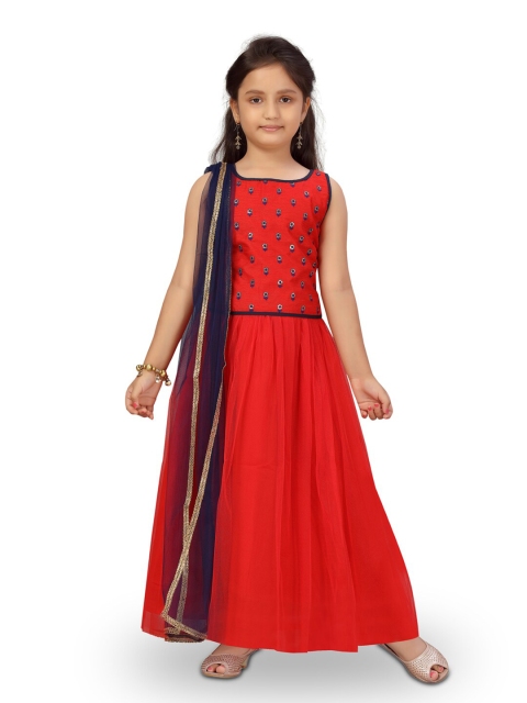 

Aarika Girls Red & Navy Blue Embroidered Ready to Wear Lehenga & Blouse With Dupatta