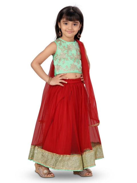 

Aarika Girls Green & Red Embellished Ready to Wear Lehenga & Blouse With Dupatta