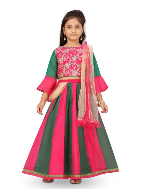 

Aarika Girls Pink & Green Printed Ready to Wear Lehenga Choli With Dupatta