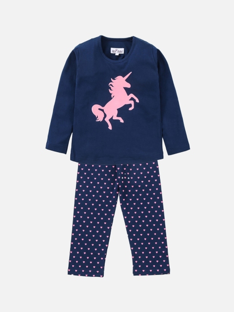 

Nite Flite Girls Navy Blue & Pink Pure Cotton Printed Night suit