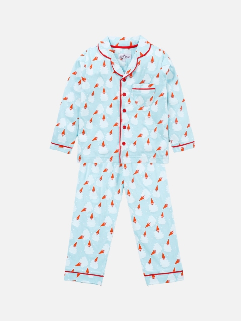 

Nite Flite Unisex Kids Blue & White Pure Cotton Printed Night suit