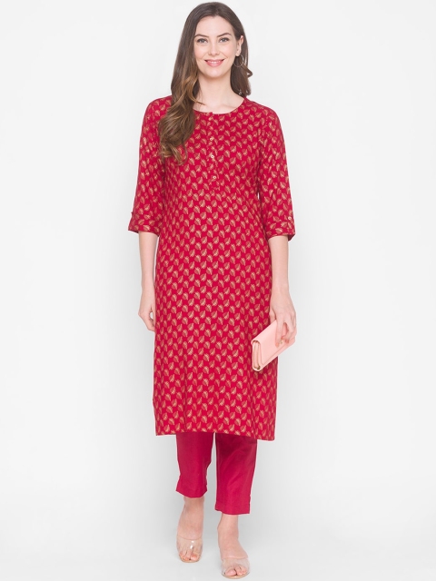 

ZOLA Women Maroon Geometric Checked Keyhole Neck Kurta