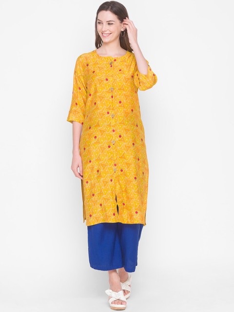 

ZOLA Women Mustard Yellow Geometric Printed Flared Sleeves Thread Work Kurta