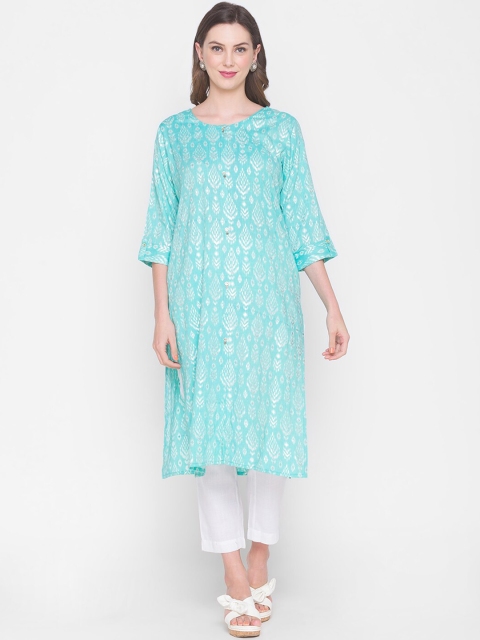 

ZOLA Women Blue & Silver-Toned Ethnic Motifs Printed Flared Sleeves Kurta