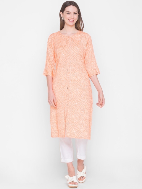 

ZOLA Women Peach-Coloured Ethnic Motifs Printed Flared Sleeves Thread Work Kurta