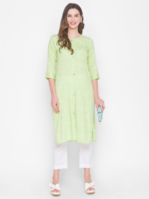

ZOLA Women Green & White Geometric Printed Straight Kurta