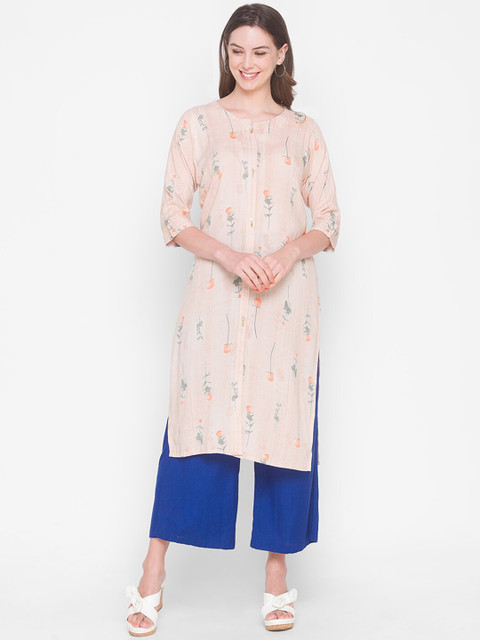 

ZOLA Women Peach-Coloured Floral Printed Thread Work Kurta