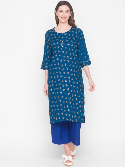 

ZOLA Women Navy Blue Ethnic Motifs Printed Thread Work Kurta