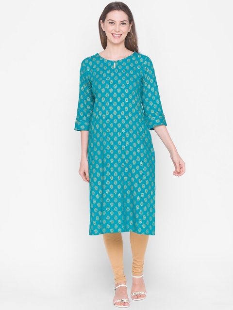 

ZOLA Women Blue & Gold-Toned Paisley Printed Keyhole Neck Kurta