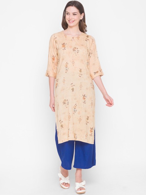 

ZOLA Women Yellow Floral Printed Keyhole Neck Thread Work Kaftan Kurta