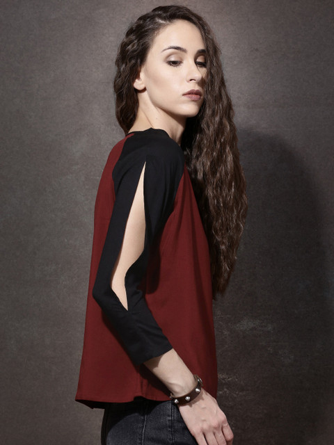 

Roadster Women Red & Black Colourblocked Regular Top