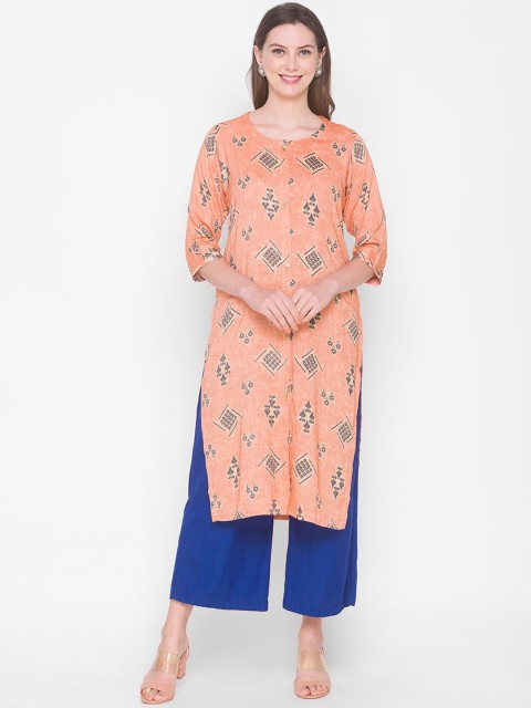 

ZOLA Women Orange Ethnic Motifs Printed Flared Sleeves Mirror Work Kaftan Kurta