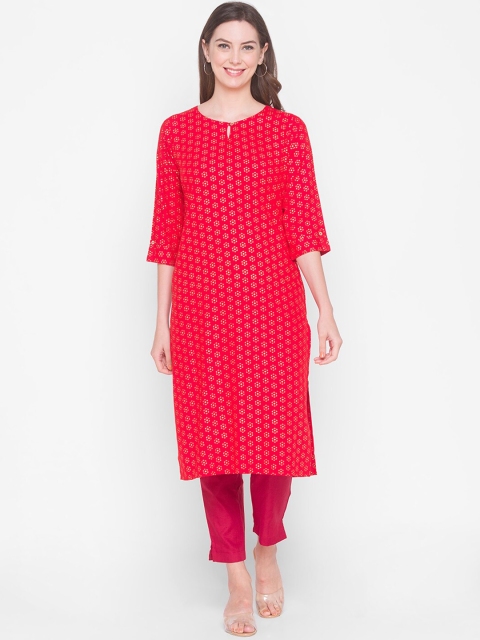

ZOLA Women Red & Beige Floral Printed Keyhole Neck Kurta