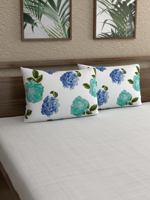 

Dreamscape Set Of 2 White & Blue Printed Cotton 140TC Pillow Covers