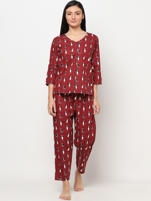 

TRUNDZ Women Maroon & White Organic Cotton Printed Night suit
