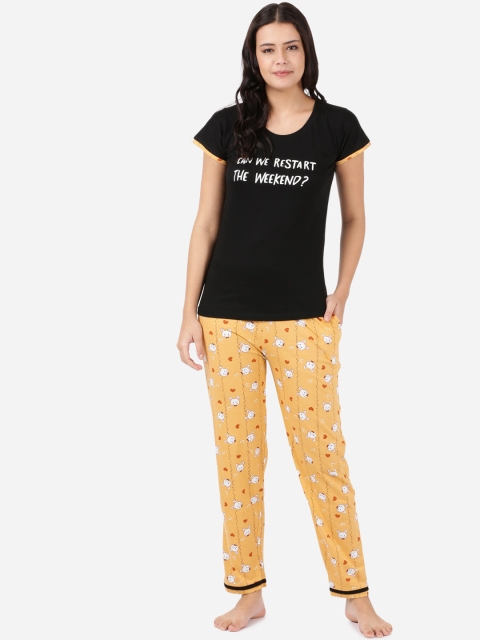

TRUNDZ Women Black & Yellow Organic Cotton Printed Night suit