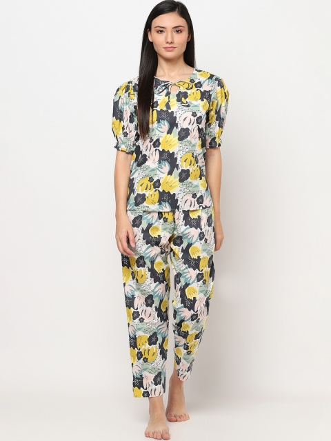 

TRUNDZ Women Yellow & Black Organic Cotton Printed Night suit