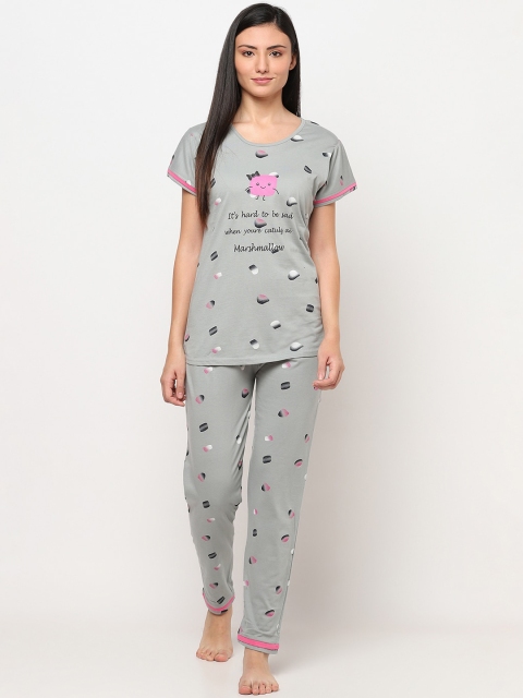 

TRUNDZ Women Grey & White Organic Cotton Printed Night suit