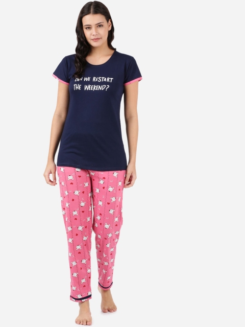 

TRUNDZ Women Navy Blue & Pink Organic Cotton Printed Night suit
