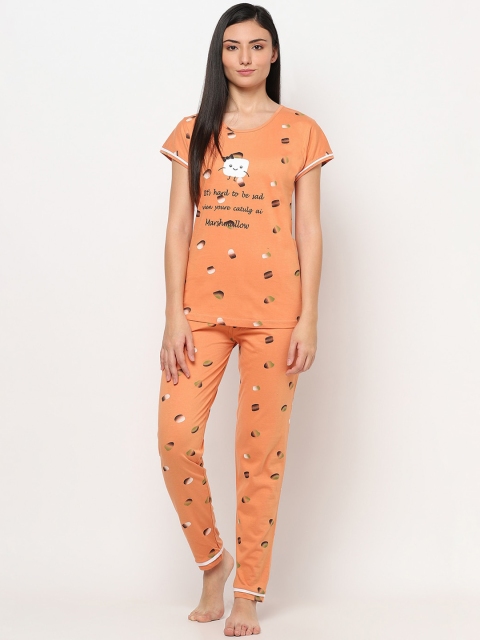 

TRUNDZ Women Orange & White Organic Cotton Printed Night suit