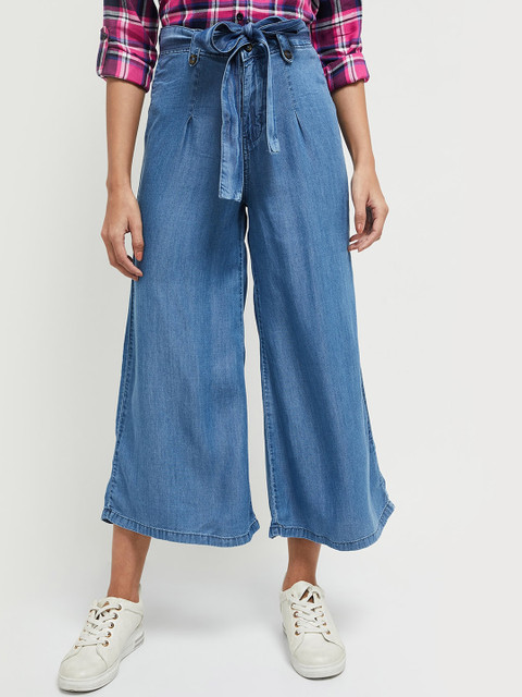 

max Women Blue Pleated Denim Culottes Trousers