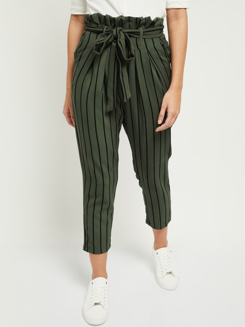 

max Women Green Striped Pleated Peg Trousers