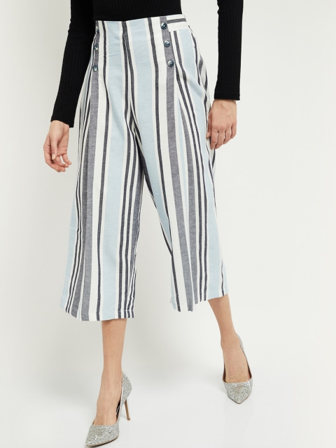 

max Women Blue Striped High-Rise Culottes Trousers