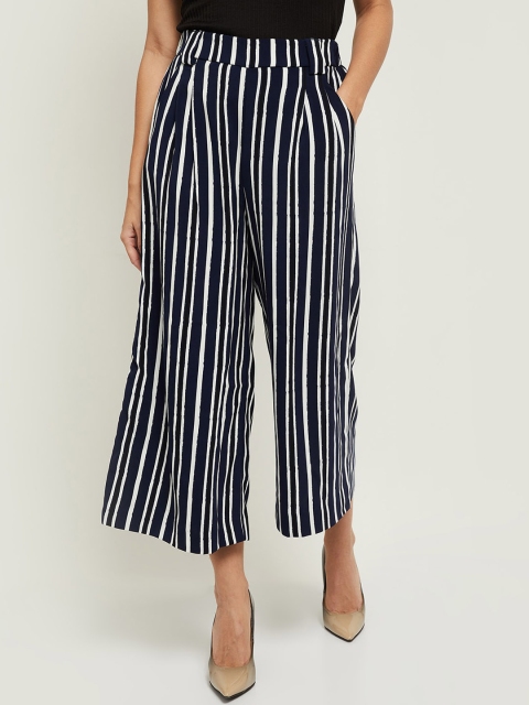 

max Women Blue Striped Pleated Culottes Trousers