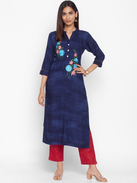 

ZOLA Women Navy Blue & Pink Floral Embroidered Thread Work Kurta