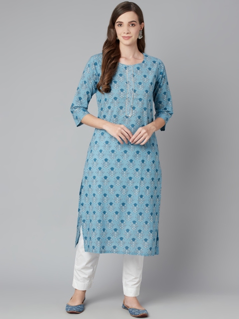 

Divena Women Blue & White Floral Printed Gotta Patti Floral Kurta