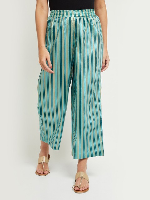 

max Women Turquoise Blue Striped Palazzos