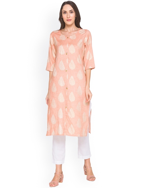 

ZOLA Women Peach-Coloured Ethnic Motifs Printed Flared Sleeves Mirror Work Kurta