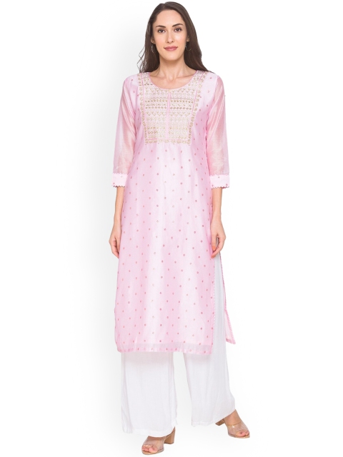 

ZOLA Women Pink Embroidered Chikankari Chanderi Silk Chanderi Silk Kurta