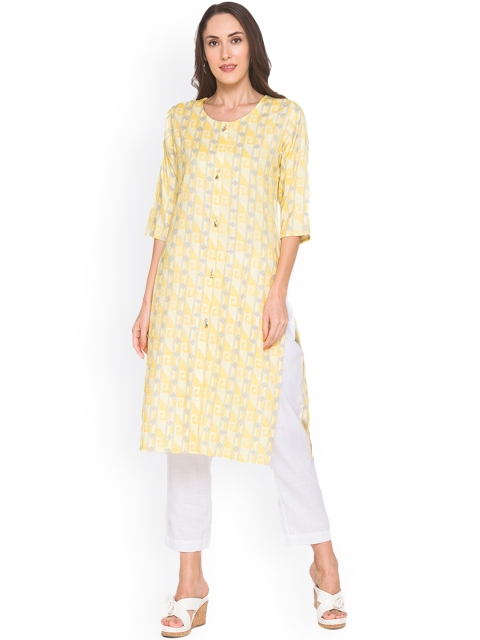 

ZOLA Women Yellow Ethnic Motifs Printed Flared Sleeves Thread Work Kurta