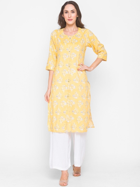 

ZOLA Women Yellow Ethnic Motifs Printed Keyhole Neck Mirror Work Kurta