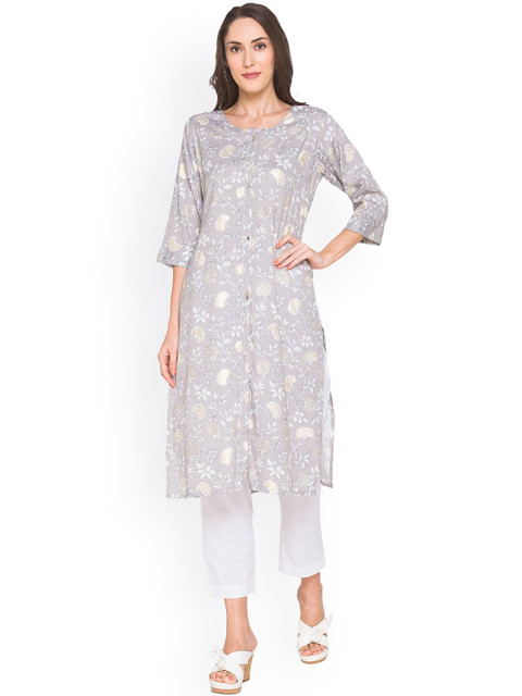

ZOLA Women Grey Floral Printed Flared Sleeves Thread Work Kurta