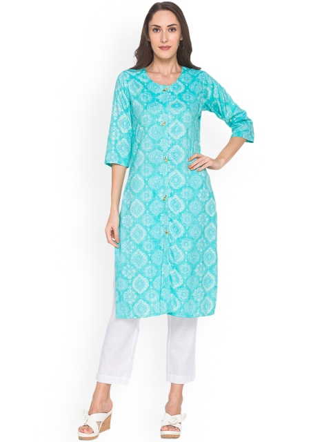 

ZOLA Women Blue Ethnic Motifs Printed Keyhole Neck Flared Sleeves Kurta