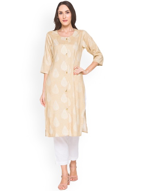 

ZOLA Women Beige Ethnic Motifs Keyhole Neck Thread Work Kurta
