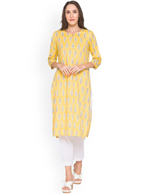 

ZOLA Women Yellow Geometric Striped Flared Sleeves Thread Work Kurta
