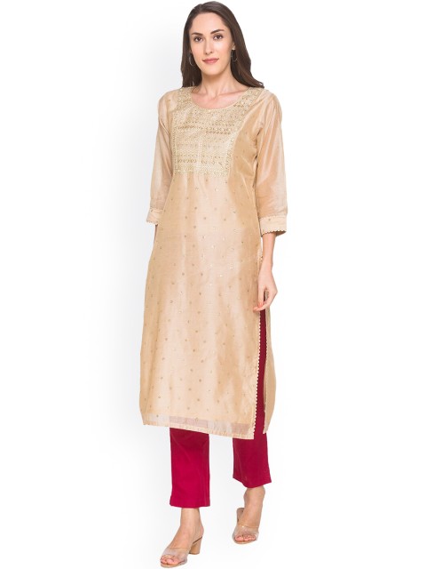 

ZOLA Women Beige & Gold-Toned Ethnic Motifs Embroidered Chanderi Silk Kurta