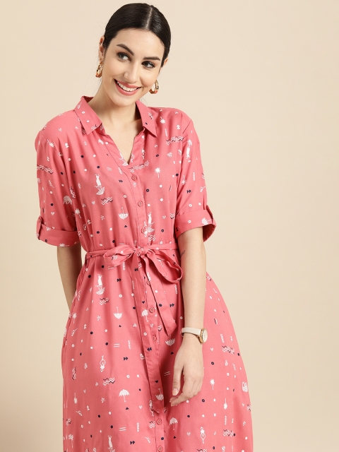 

Anouk Women Pink Checked And Quirky Printed Shirt-Style Midi Dress With A Belt