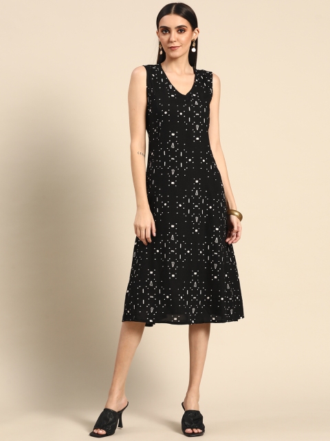 

Anouk Black & White Conversational Printed A-Line Midi Dress