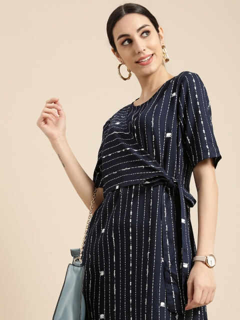 

Anouk Women Navy Blue & White Striped Angrakha Kurta