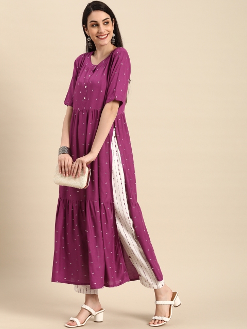 

Anouk Women Purple & White Printed Kurta with Trousers